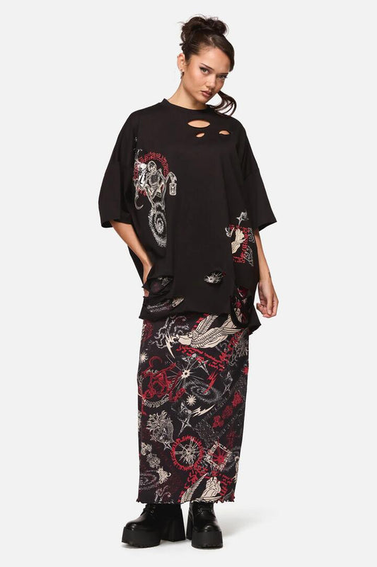 Image of a model wearing Tops. Productname: Angelic Distressed Tee in Black colour by brand - Black Friday