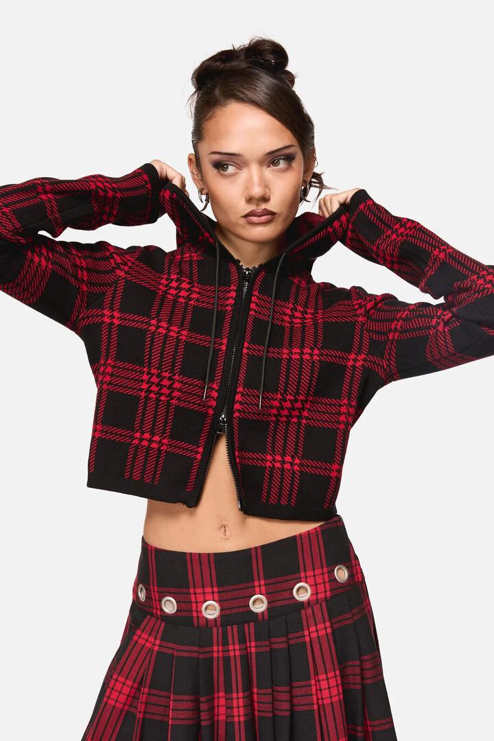 Image of a model wearing Outerwear. Productname: Suffer Punk Hoodie Knit in Black Red colour by brand - Black Friday