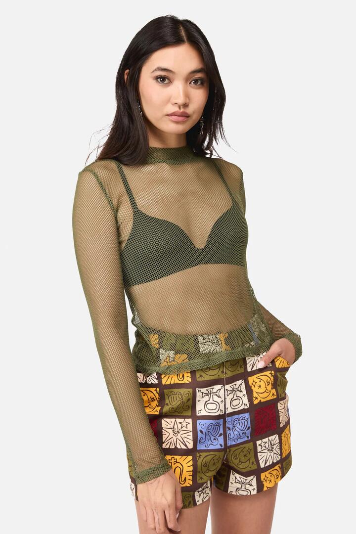 Image of a model wearing Tops. Productname: Mushie Mesh Top in Olive colour by brand - Dangerfield