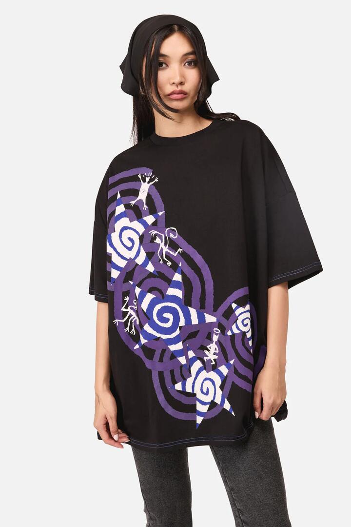 Image of a model wearing Tops. Productname: Spiralling Goth Oversized Tee in Black colour by brand - Dangerfield