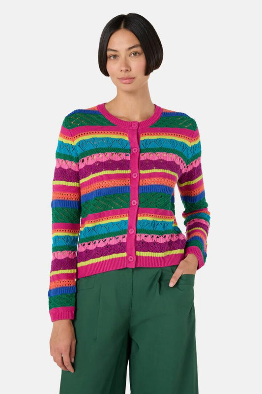Image of a model wearing Outerwear. Productname: Stripetastic Cotton Cardigan in Stripe colour by brand - Gorman