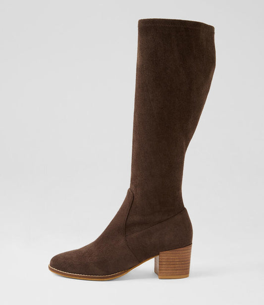 Image of Boots. Productname: Meadow Choc Stretch Microsuede Knee High Boots in Choc colour by brand - MIDAS