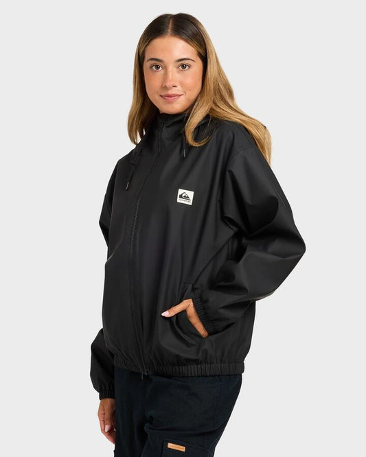 Image of a model wearing Outerwear. Product name - Quiksilver Womens Winter Blossom Zip Up Hoodie Black in Black colour by brand - Quiksilver