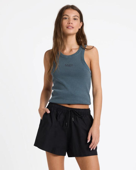 Image of a model wearing Shorts. Productname: roxy Womens Recess Elastic Waist Shorts Black - in Black colour by brand - Roxy