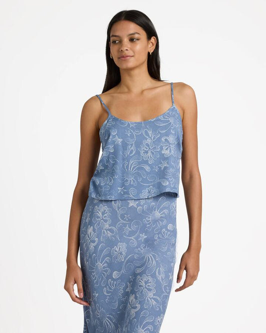 Image of a model wearing Tops. Productname: rvca Womens La Subaloha Tank Top Light Blue - in Light Blue colour by brand - Rvca