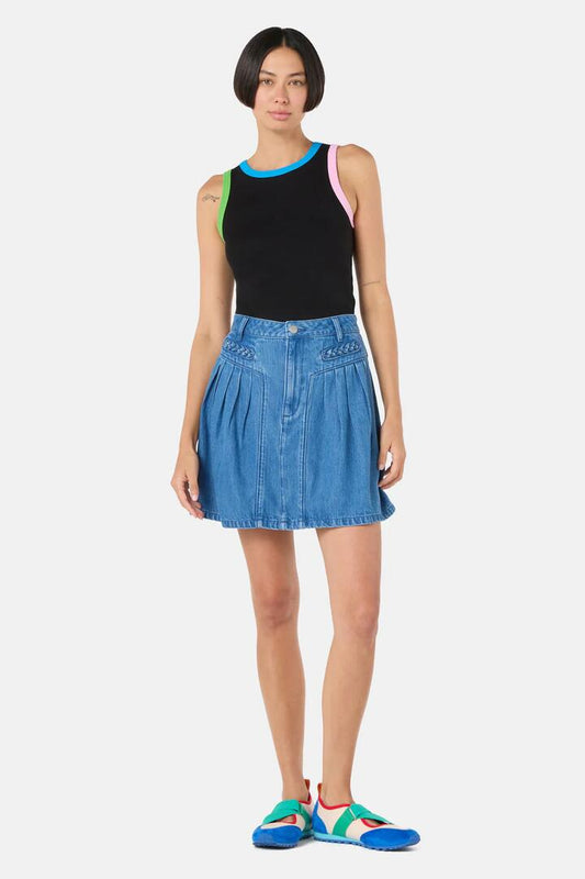 Image of a model wearing Skirts. Productname: Plait Denim Mini Skirt in Mid Blue colour by brand - Gorman
