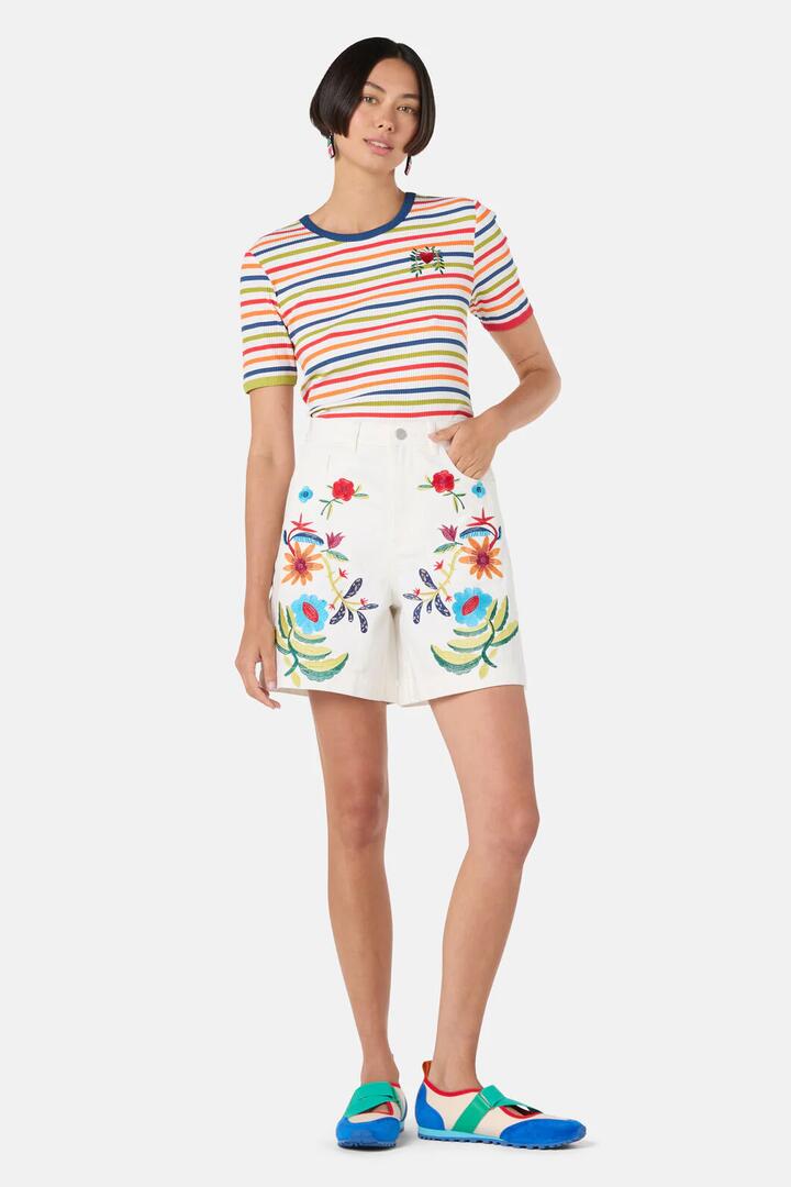 Image of a model wearing Shorts. Product name - Little Things Denim Short in Cream colour by brand - Gorman