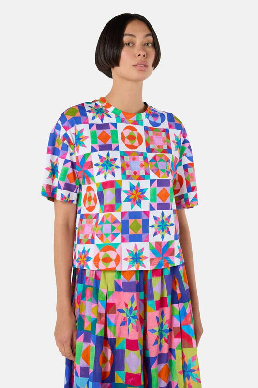 Image of a model wearing Tops. Productname: Pinwheel Cotton Relaxed Tee in Print colour by brand - Gorman