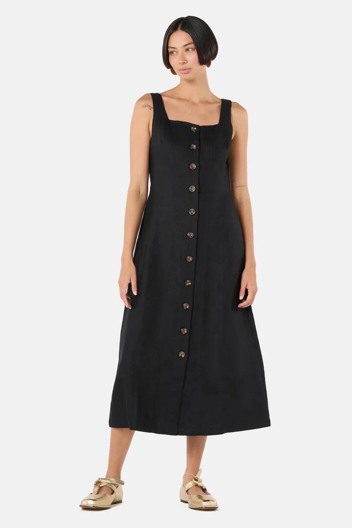Image of Dresses. Product name - The Column Linen Plain Dress in Black colour by brand - Gorman