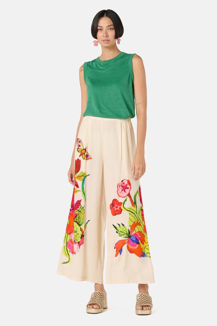 Image of a model wearing Pants. Product name - Elara Print Pant in Print colour by brand - Gorman
