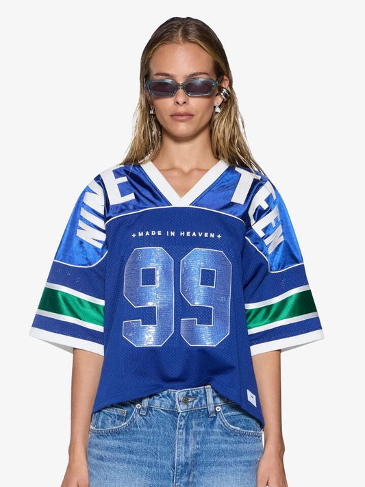 Image of a model wearing Tops. Productname: Ksubi 99 Spark Ss Jersey in Blue colour by brand - Ksubi