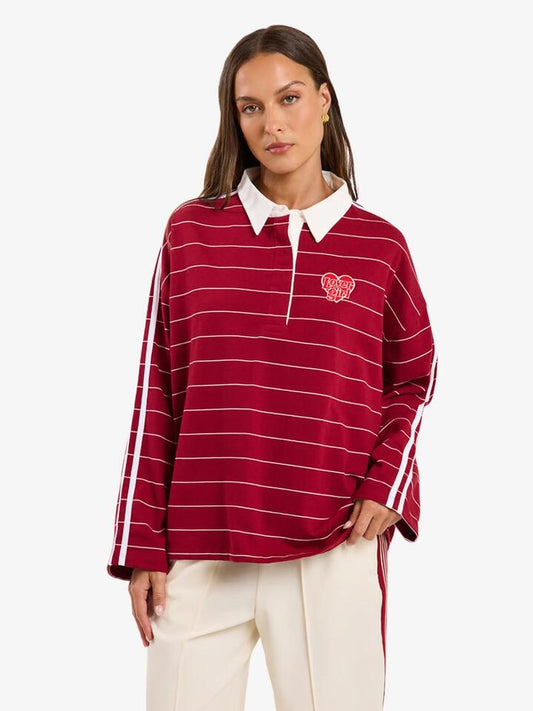 Image of a model wearing Tops. Productname: LIIDO Los Angeles Jersey in Burgandy Pinstripe colour by brand - LIIDO