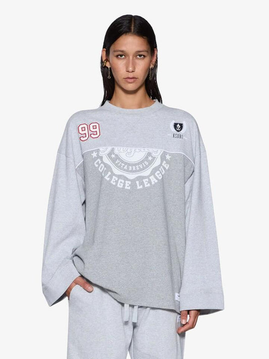 Image of a model wearing Tops. Productname: Ksubi Varsity Boyfriend Ls Tee in Grey colour by brand - Ksubi