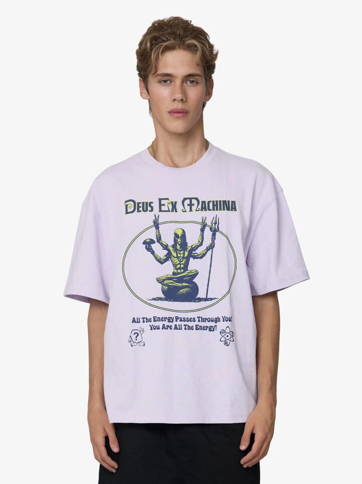 Image of a model wearing Tops. Productname: Deus Guru Within Tee in Orchid Hush colour by brand - Deus