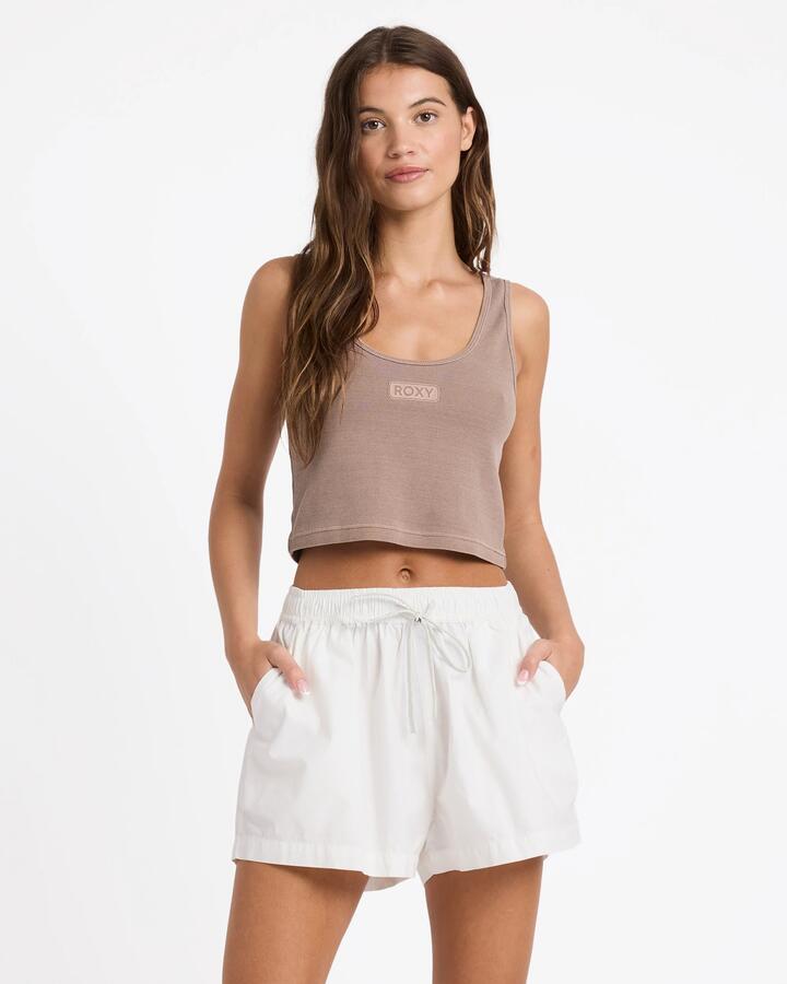 Image of a model wearing Shorts. Productname: roxy Womens Recess Elastic Waist Shorts White - in White colour by brand - Roxy