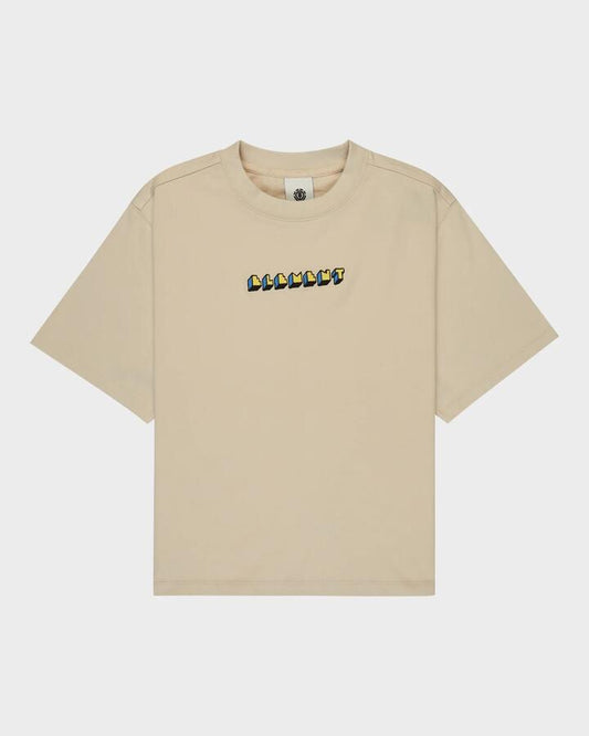 Image of a model wearing Tops. Productname: element Mens World Peace T-Shirt Oat Milk - in Oat Milk colour by brand - Element