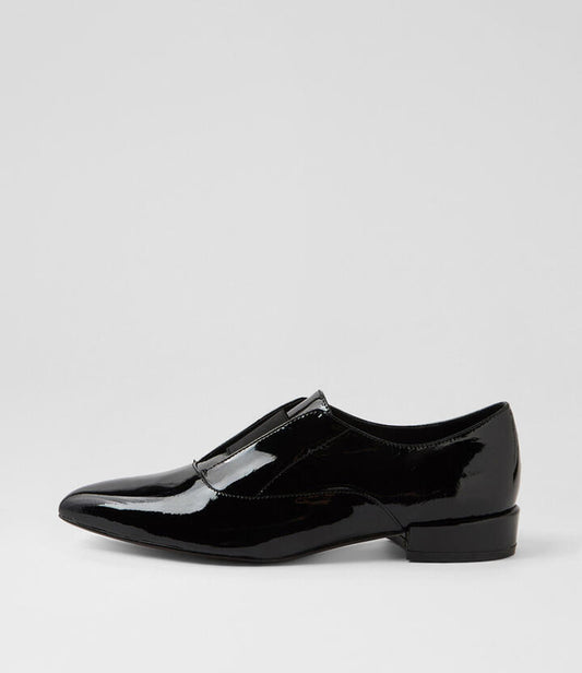 Image of Shoes. Productname: Emmy Black Patent Elastic Flat Shoes in Black-Black colour by brand - MIDAS