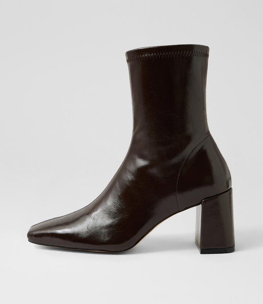 Image of Boots. Productname: Wilara Choc Crinkle Stretch Ankle Boots in Choc Crinkle colour by brand - MOLLINI