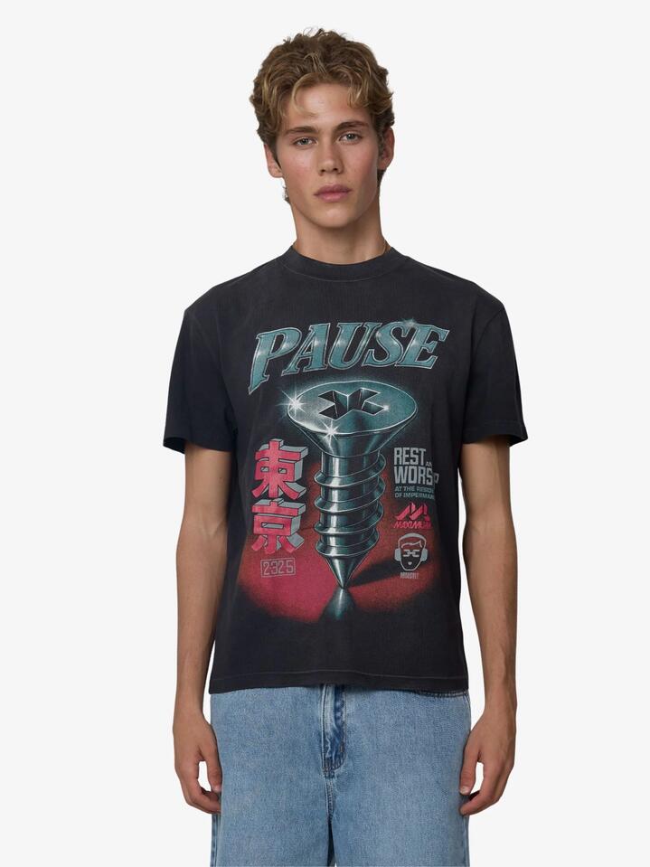 Image of a model wearing Tops. Productname: Deus Pause And Affect Tee in Anthracite colour by brand - Deus
