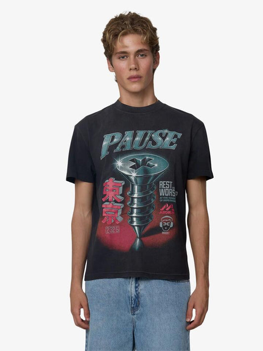 Image of a model wearing Tops. Productname: Deus Pause And Affect Tee in Anthracite colour by brand - Deus