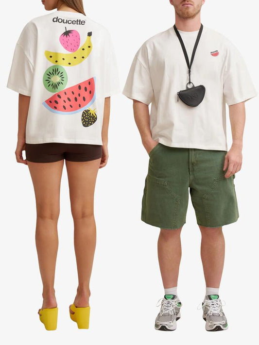 Image of a model wearing Tops. Productname: Doucette Unisex Stacked Fruit Compact Tee in Ivory colour by brand - Doucette