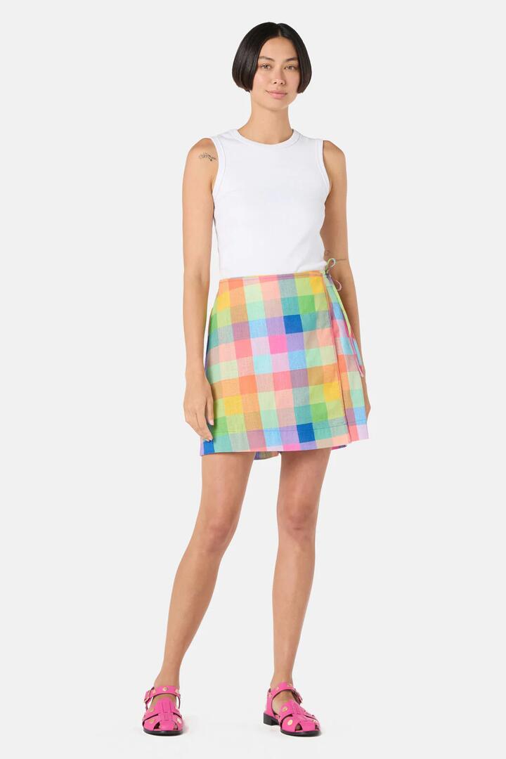 Image of a model wearing Skirts. Productname: Little Checks Mini Skort in Check colour by brand - Gorman