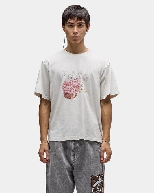 Image of a model wearing Tops. Productname: former Mens Awake Shrunken T-Shirt Bone - in Bone colour by brand - Former