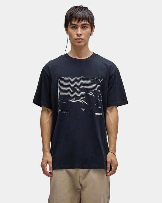 Image of a model wearing Tops. Productname: former Mens Imprint T-Shirt Black - in Black colour by brand - Former