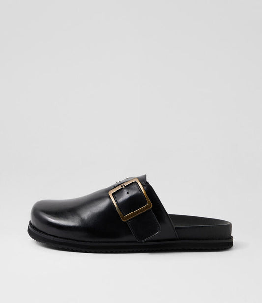 Image of Shoes. Productname: Zebec Black Leather Flat Shoes in Black colour by brand - MIDAS