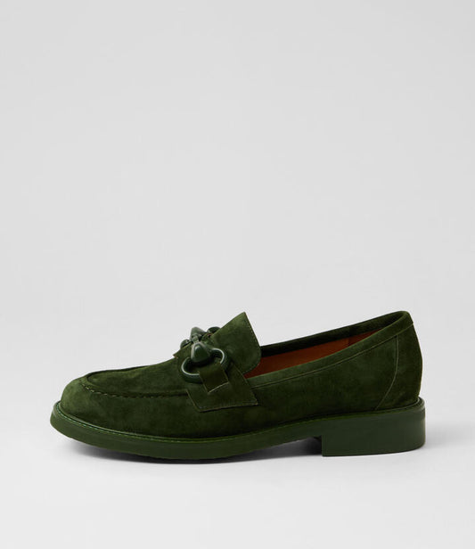 Image of Flats. Productname: Bimble Olive Suede Loafers in Olive colour by brand - MIDAS