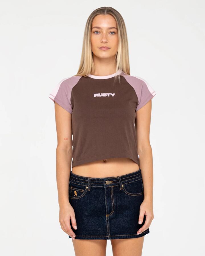 Image of a model wearing Tops. Productname: rusty Womens Bradley Mini Cap T-Shirt Java - in Java colour by brand - Rusty