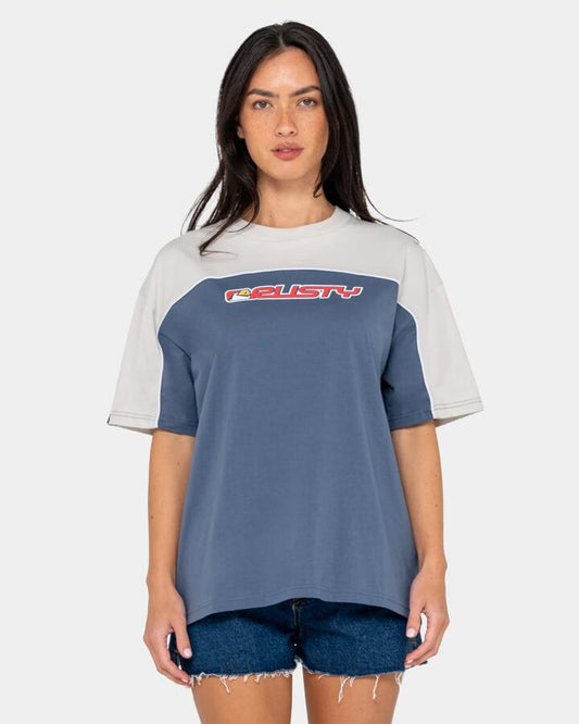 Image of a model wearing Tops. Productname: rusty Womens Archived Ops T-Shirt China Blue - in China Blue colour by brand - Rusty