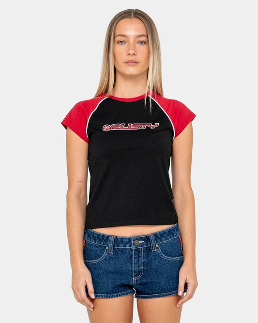 Image of a model wearing Tops. Productname: rusty Womens Archived Raglan Baby T-Shirt Black - in Black colour by brand - Rusty