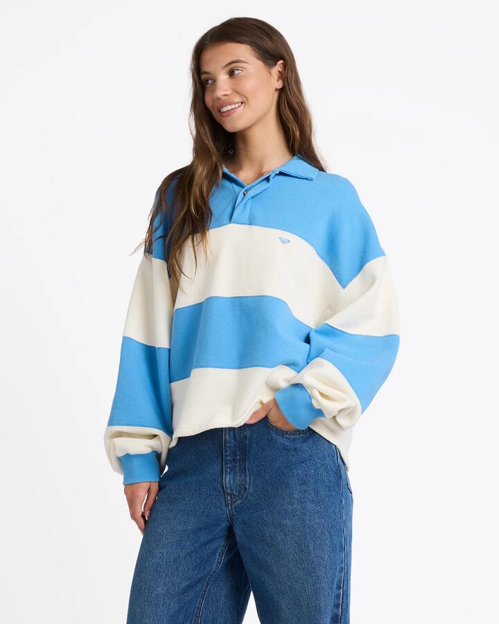 Image of a model wearing Outerwear. Productname: roxy Womens Cross Over Fleece Jumper Bone - in Bone colour by brand - Roxy