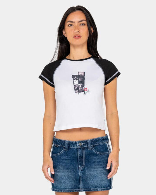Image of a model wearing Tops. Productname: rusty Womens Roll Out Raglan Cap Sleeve Baby T-Shirt White - in White colour by brand - Rusty