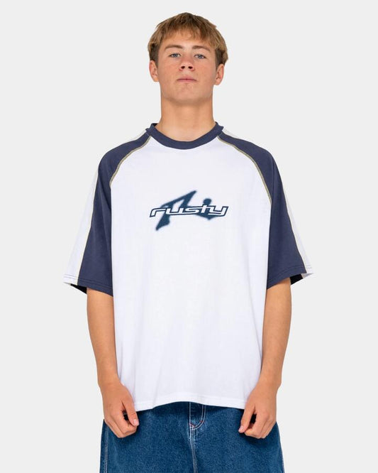 Image of a model wearing Tops. Productname: rusty Mens Fade-R Short Sleeve T-Shirt White - in White colour by brand - Rusty