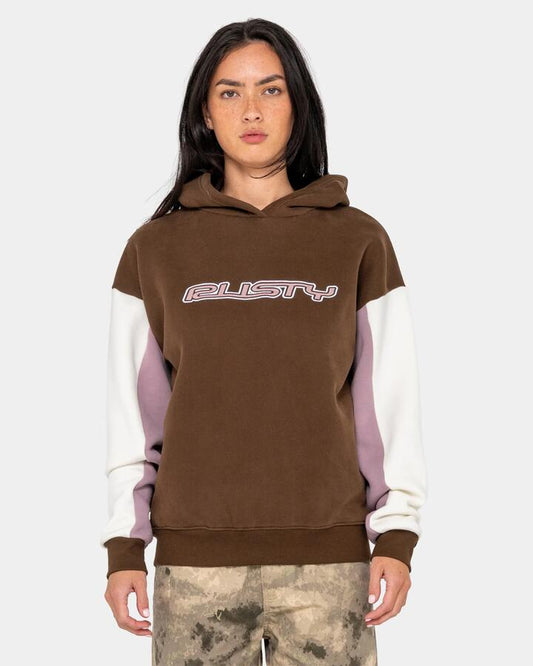 Image of a model wearing Outerwear. Productname: rusty Womens Neopole Panelled Pullover Hoodie Pinecone / Berry Cre - in Pinecone / Berry Cre colour by brand - Rusty