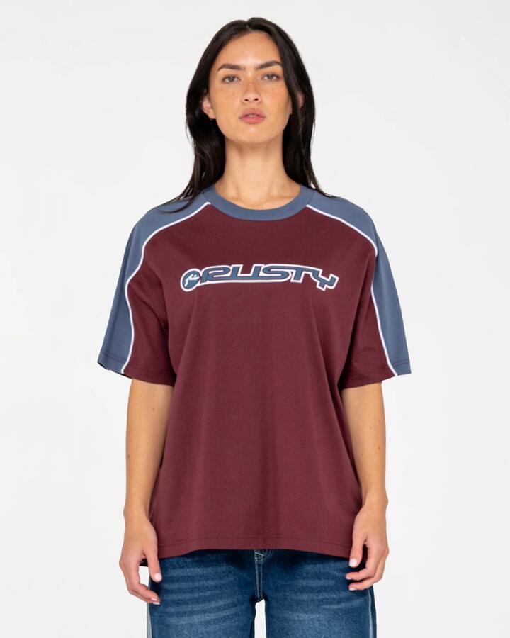 Image of T-Shirts. Product name - Rusty Womens Timmy Target Oversized T-Shirt Cranberry in Cranberry colour by brand - Rusty