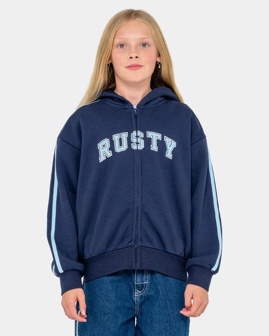 Image of a model wearing Outerwear. Productname: rusty Girls 8-16 Team Varsity Zip Up Hoodie Navy - in Navy colour by brand - Rusty