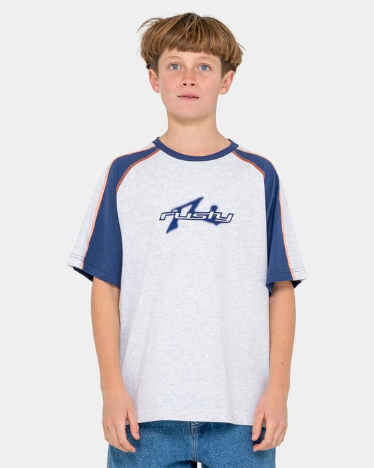 Image of a model wearing Tops. Productname: rusty Boys 8-16 Fade R Short Sleeve T-Shirt Ecru Marle - in Ecru Marle colour by brand - Rusty