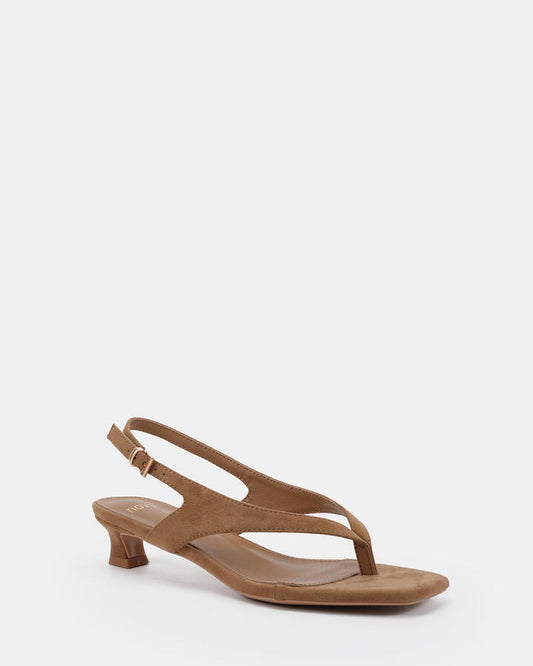 Image of Heels. Productname: Verge: Biscoff Suede - Women's Strappy - Low Heel in Biscoff Suede colour by brand - Novo