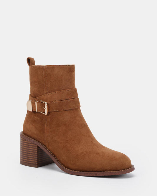 Image of Boots. Productname: Desirae: Caramel Suede - Women's Boot Low-mid Heel in Caramel Suede colour by brand - Novo