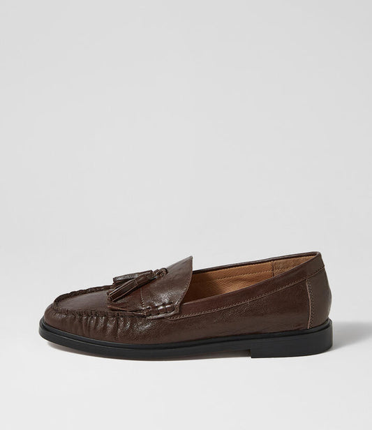Image of Flats. Product name - Glaynn Espresso Shine Leather Loafers in Espresso colour by brand - MOLLINI