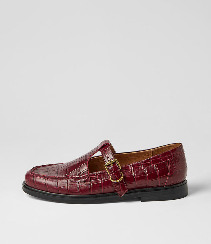 Image of Flats. Product name - Gahla Burgundy Shine Croc Leather Flat Shoes in Burgundy Shine colour by brand - MOLLINI