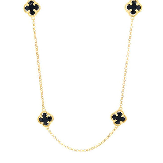 Image of Necklaces. Productname: 43cm Black Crystal Clover Station Chain Necklace in 9kt Yellow Bonded Gold in Gold colour by brand - Bevilles