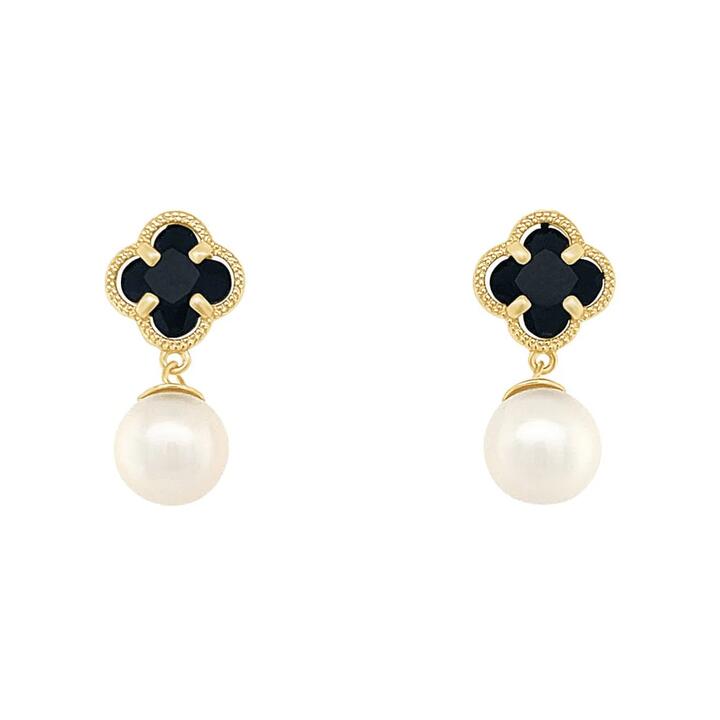 Image of Earrings. Productname: Black Crystal Clover and Pearl Drop Stud Earrings in 9kt Yellow Bonded Gold in Gold colour by brand - Bevilles