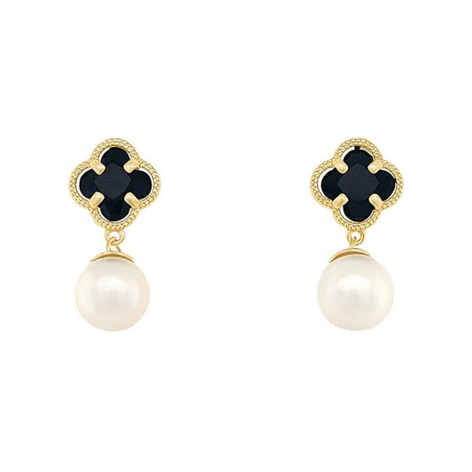 Image of Earrings. Productname: Black Crystal Clover and Pearl Drop Stud Earrings in 9kt Yellow Bonded Gold in Gold colour by brand - Bevilles