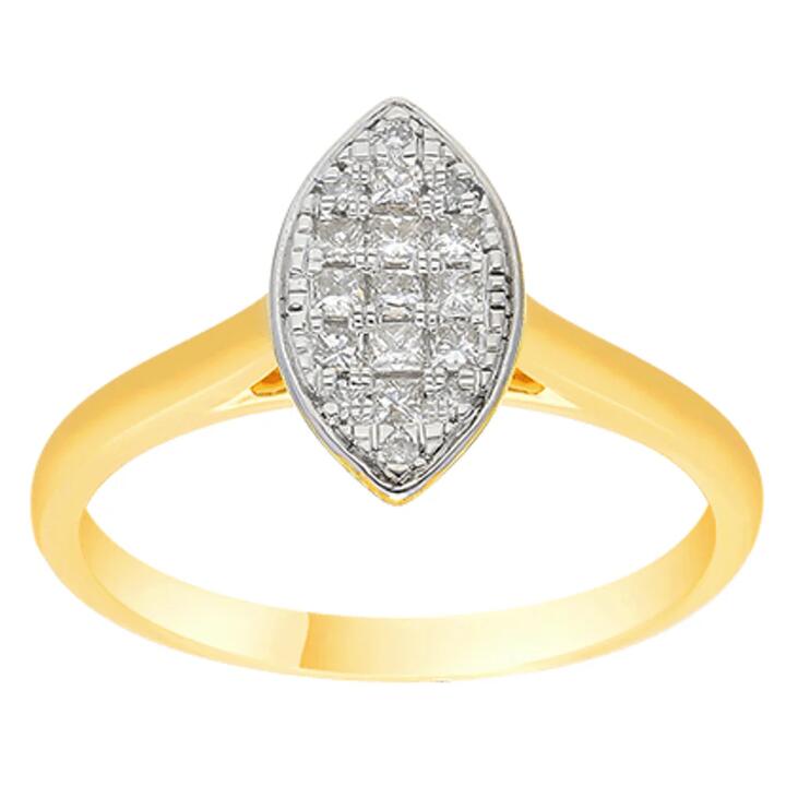 Image of Rings. Productname: Marquise Shape Ring with 1/4ct of Diamonds in 9kt Yellow Gold in Diamond colour by brand - Bevilles