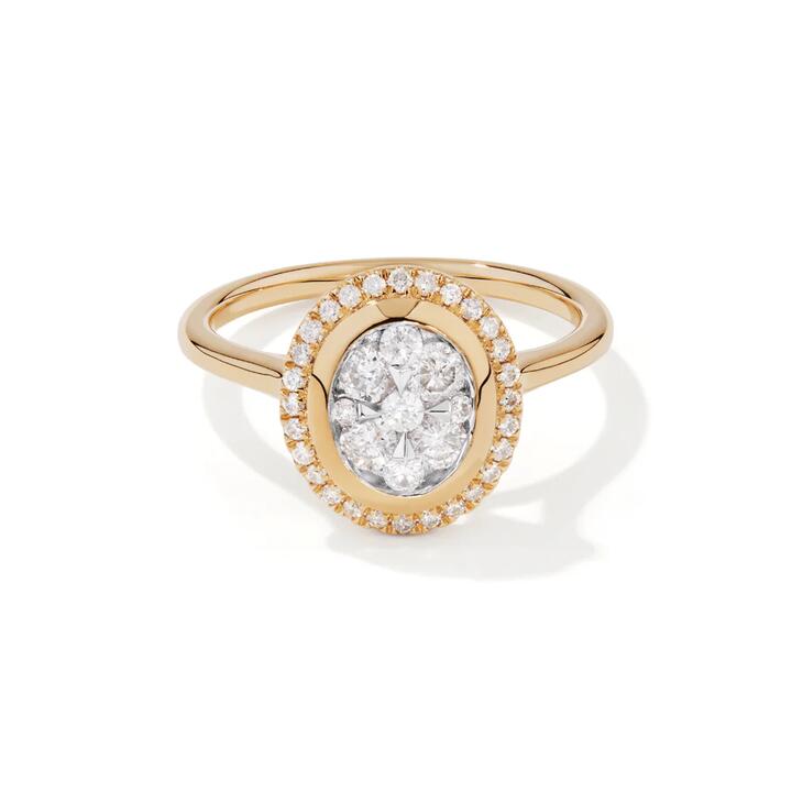 Image of Rings. Productname: Oval Halo Ring with 0.50tw of Diamonds in 9kt Yellow Gold in Diamond colour by brand - Bevilles