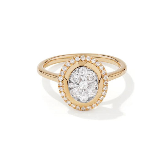 Image of Rings. Productname: Oval Halo Ring with 0.50tw of Diamonds in 9kt Yellow Gold in Diamond colour by brand - Bevilles